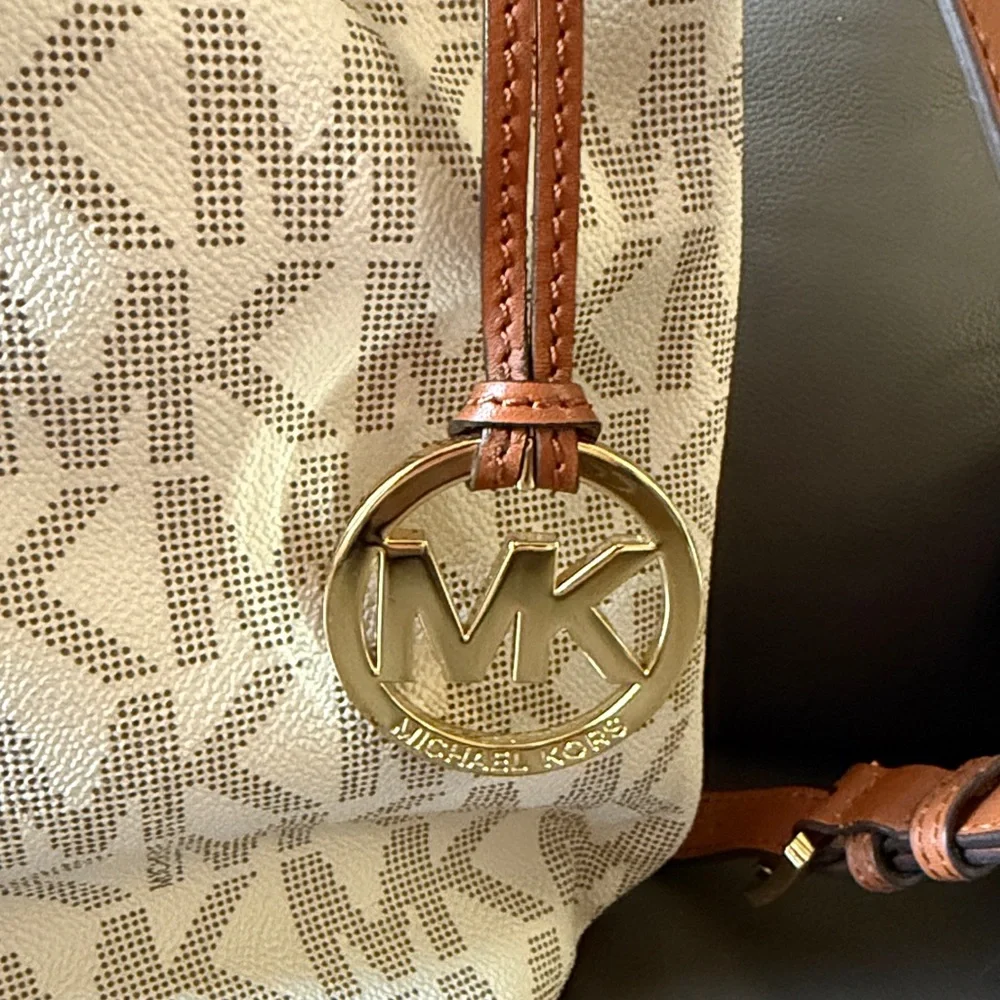 Michael Kors Cream Vanilla Monogram MK Shoulder Bag with Gold Accents - Picture 2 of 14